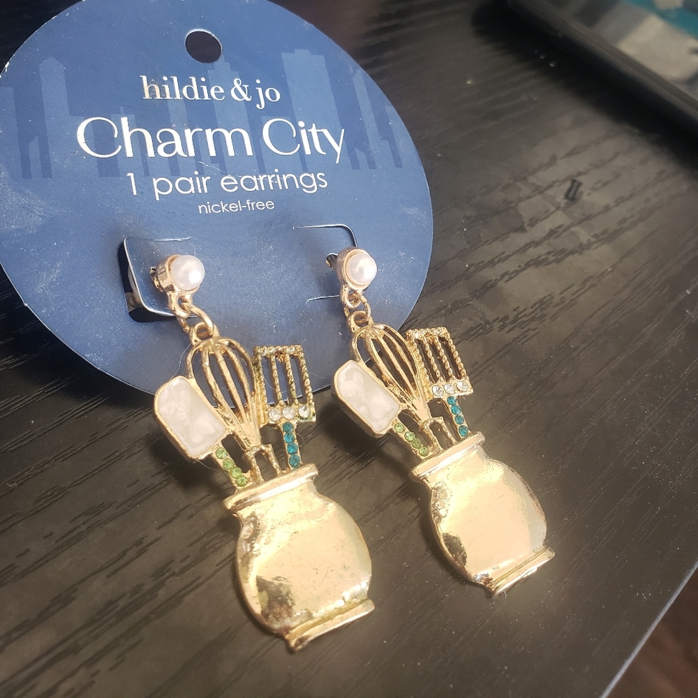 Hildie & Jo Goldtone Earrings For Cook Or Chef, Kitchen Witch, Magical Gems